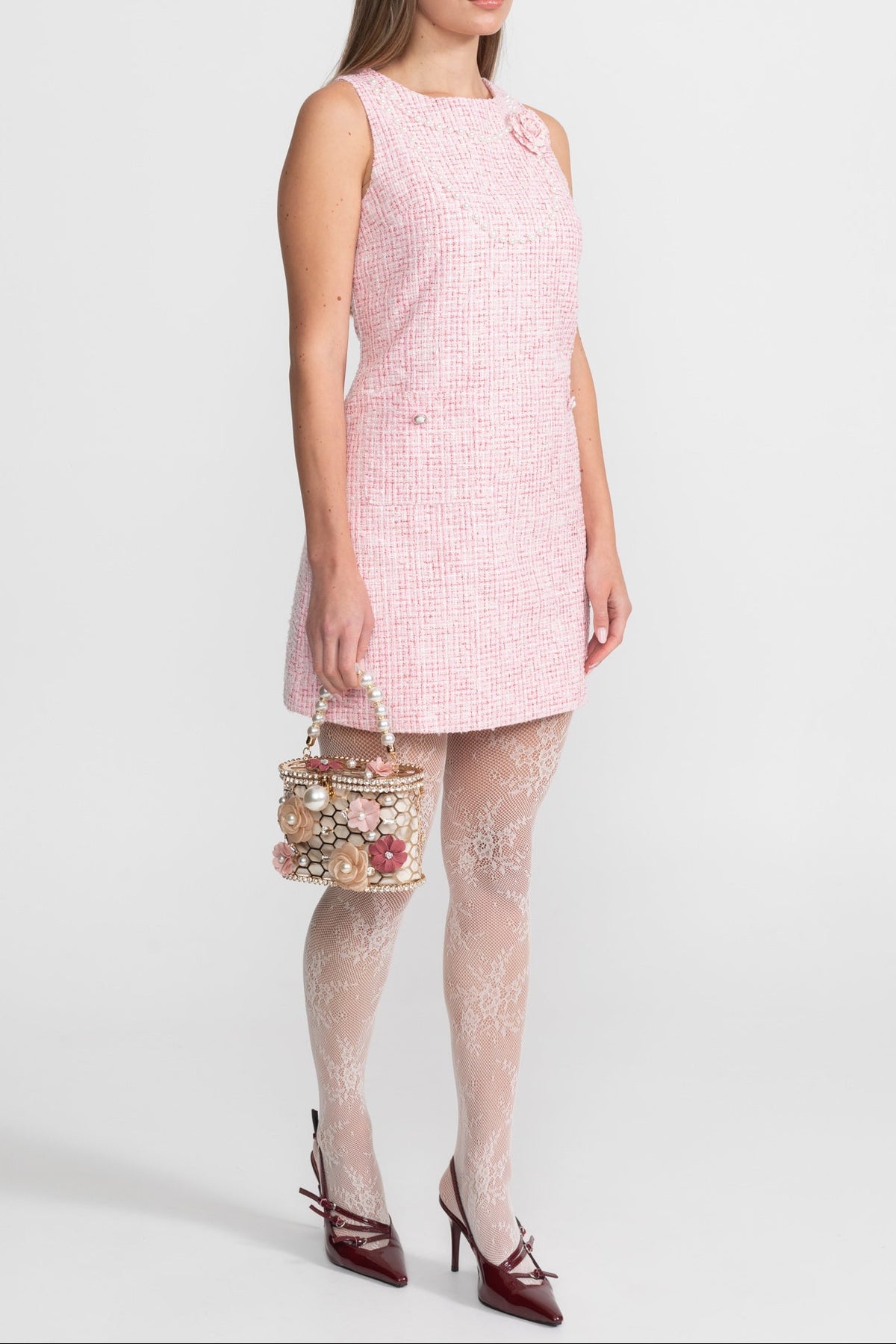 laurel Pink flower Sleeveless Tweed Mini Dress With Pearl Trim