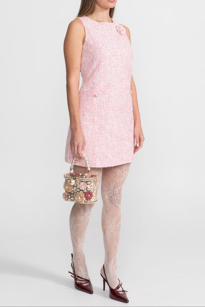 laurel Pink flower Sleeveless Tweed Mini Dress With Pearl Trim