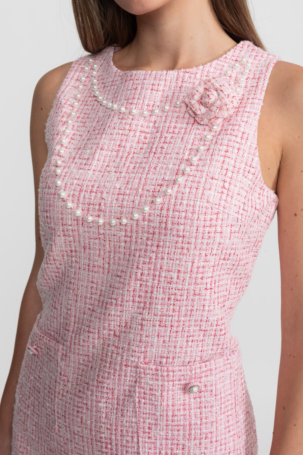 laurel Pink flower Sleeveless Tweed Mini Dress With Pearl Trim