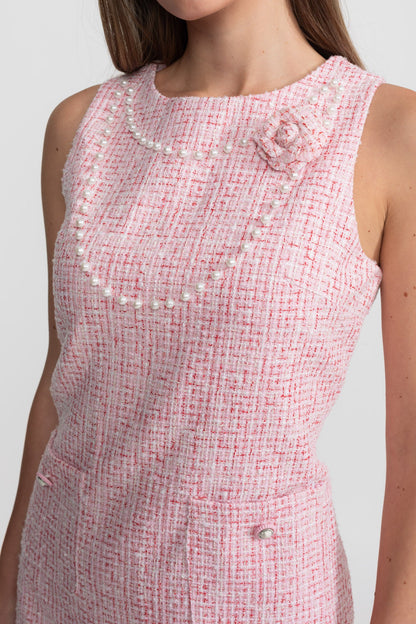 laurel Pink flower Sleeveless Tweed Mini Dress With Pearl Trim