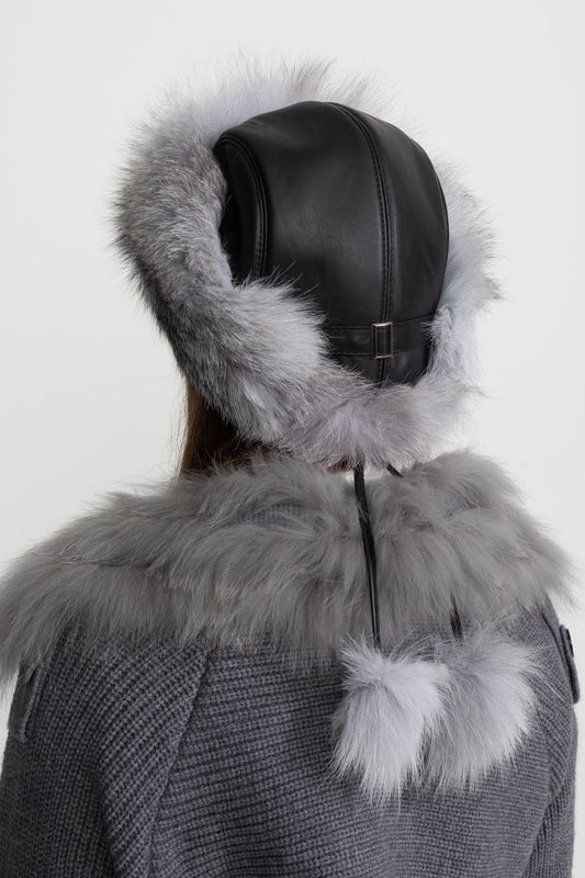 Real Fox Fur Trimmed Hat With Pom-Pom Ties – Grey
