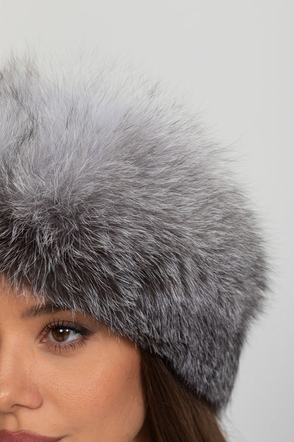 Real Fox Fur Trimmed Hat With Pom-Pom Ties – Grey