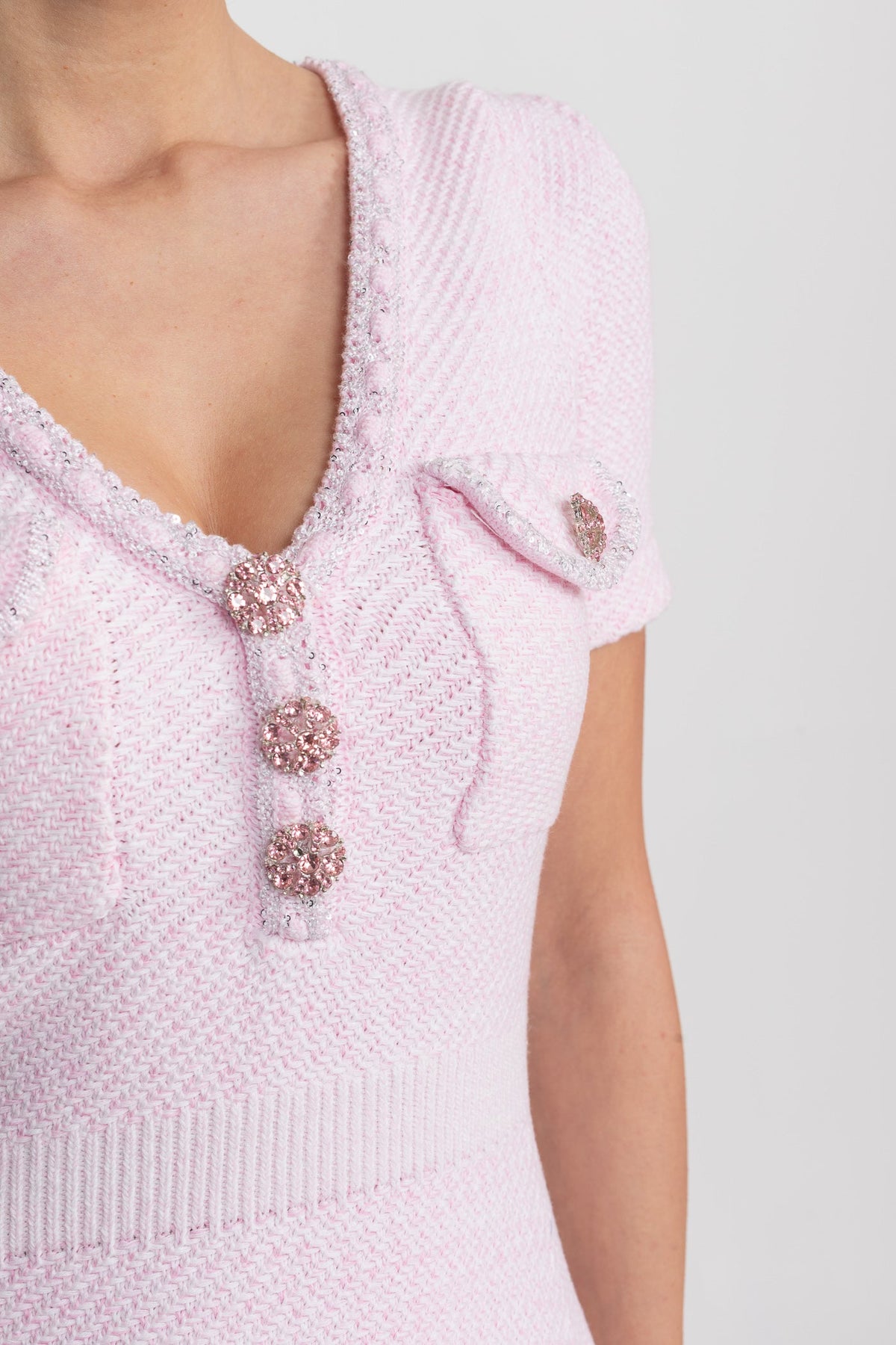 sandra Textured Mini Dress With V-Neckline And Jewel Buttons - Pink