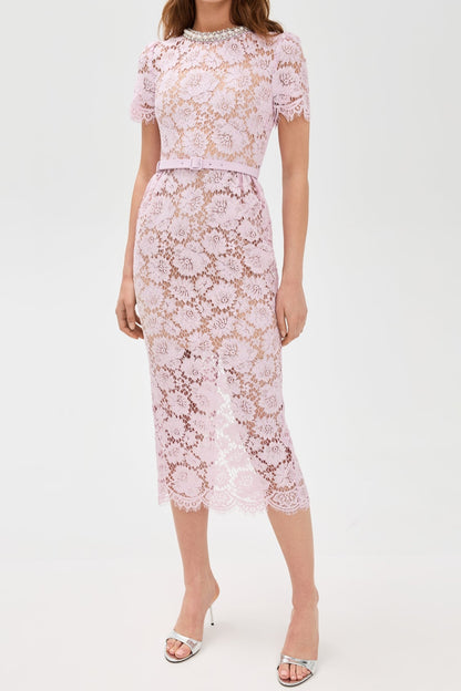 Pink hollow Lace Pearl Midi Dress