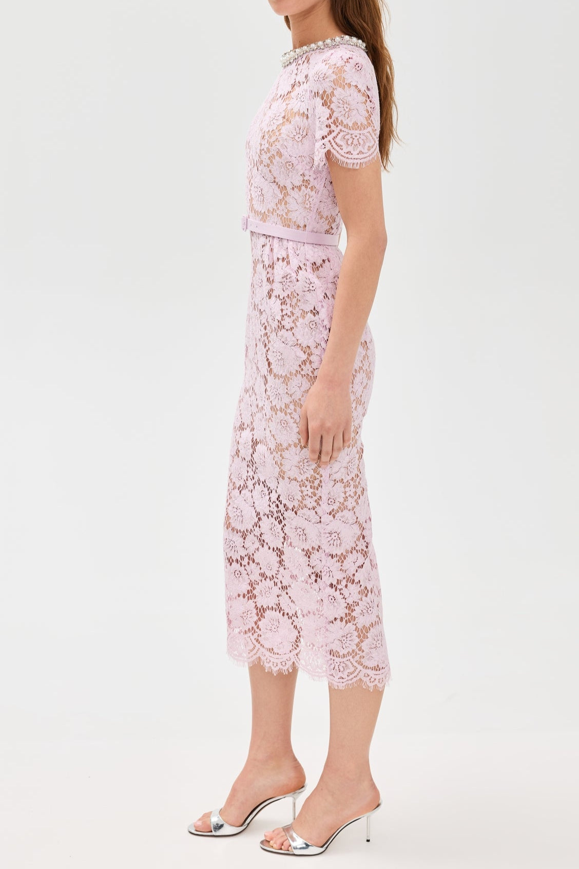Pink hollow Lace Pearl Midi Dress