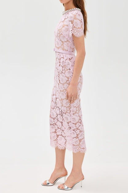 Pink hollow Lace Pearl Midi Dress