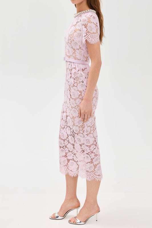 Pink hollow Lace Pearl Midi Dress