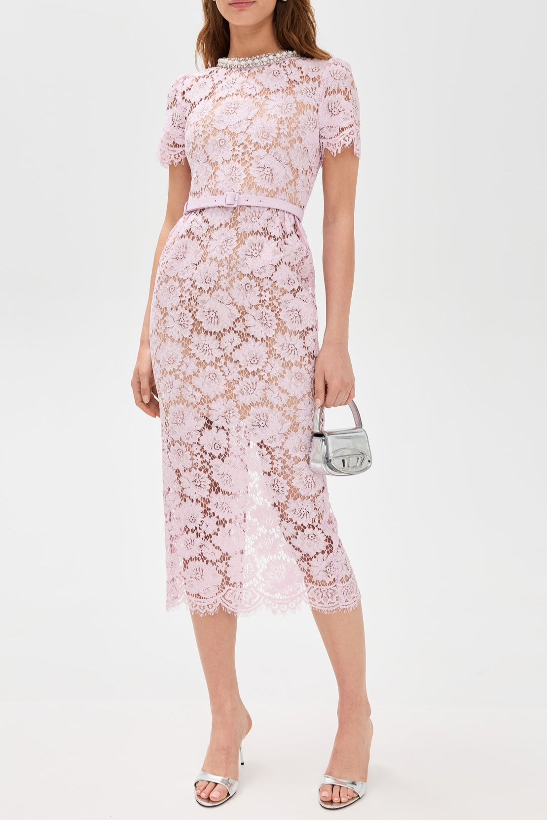 Pink hollow Lace Pearl Midi Dress