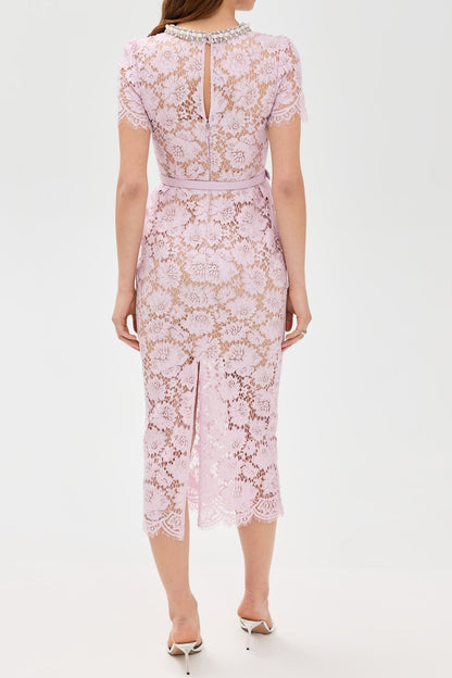 Pink hollow Lace Pearl Midi Dress