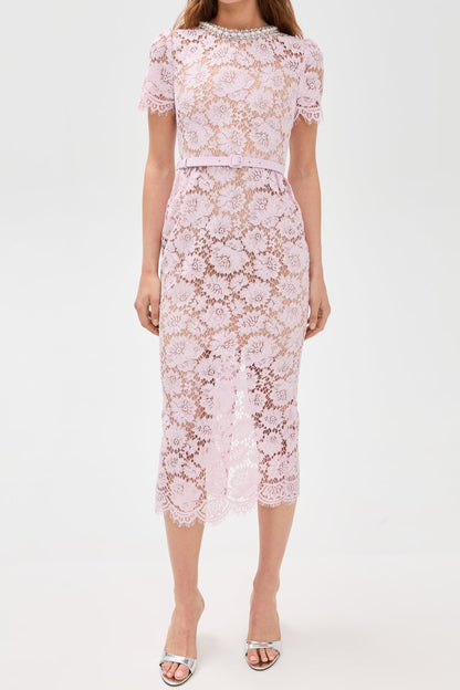 Pink hollow Lace Pearl Midi Dress