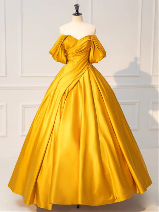 Yellow Off Shoulder Satin Prom Dress
