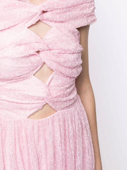 lace cutout strapless midi dress in lilac
