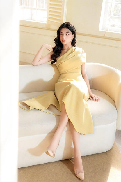 Silvie Asymmetric One Shoulder Tweed Midi Dress In Yellow