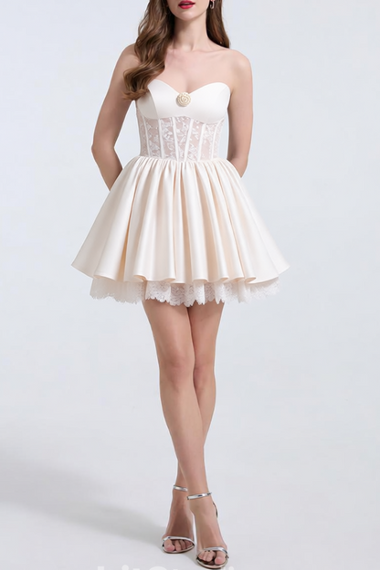 helen white flower Strapless lace satin mini dress