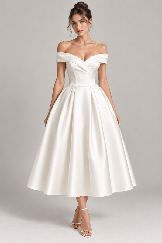 Off-the-Shoulder Minimalist Midi Dress - Off-White
