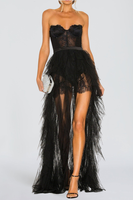 BLACK STRAPLESS LACE PATCHWORK MESH MAXI DRESS