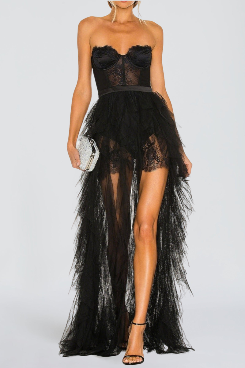BLACK STRAPLESS LACE PATCHWORK MESH MAXI DRESS