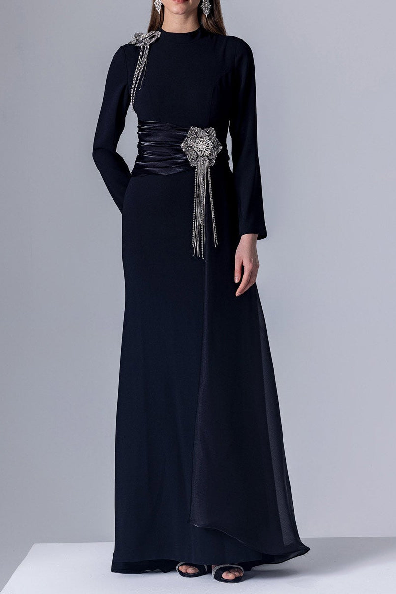 crystal flower Long-sleeve lace pleated maxi dress in blue