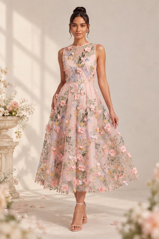 sleeveless blush pink tulle dress with colorful floral embroidery