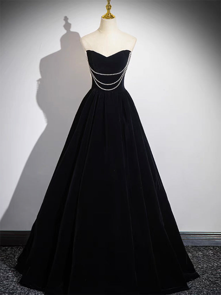 A-Line Black Velvet Long Prom Dress