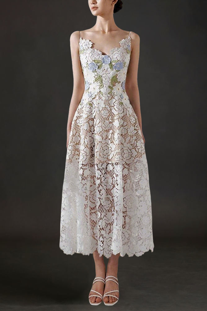 ROSES LACE A-LINE MIDI DRESS IN WHITE