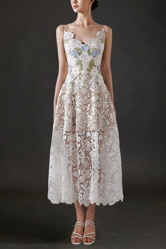 ROSES LACE A-LINE MIDI DRESS IN WHITE