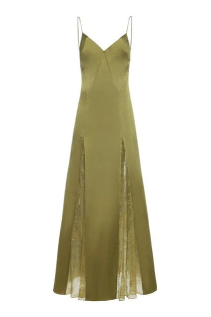 Green Exclusive Lace-Inset Silk Maxi Slip Dress
