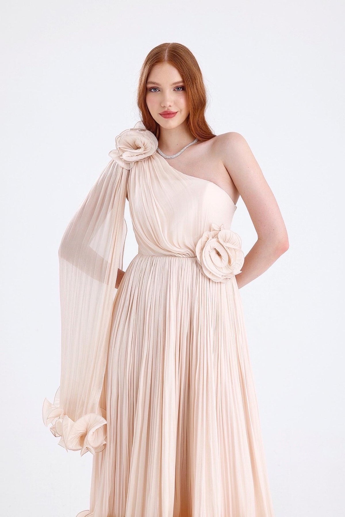 simona one shoulder 3d flower ruffle hem maxi dress in apricot