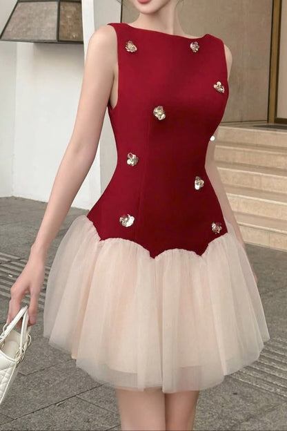 beryl 3D flower patchwork tulle mini dress in red