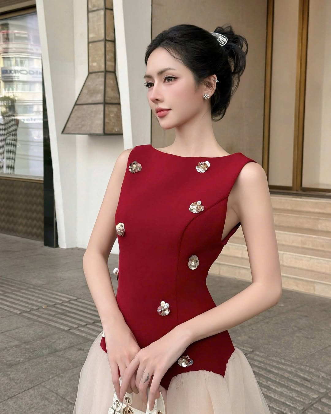 beryl 3D flower patchwork tulle mini dress in red