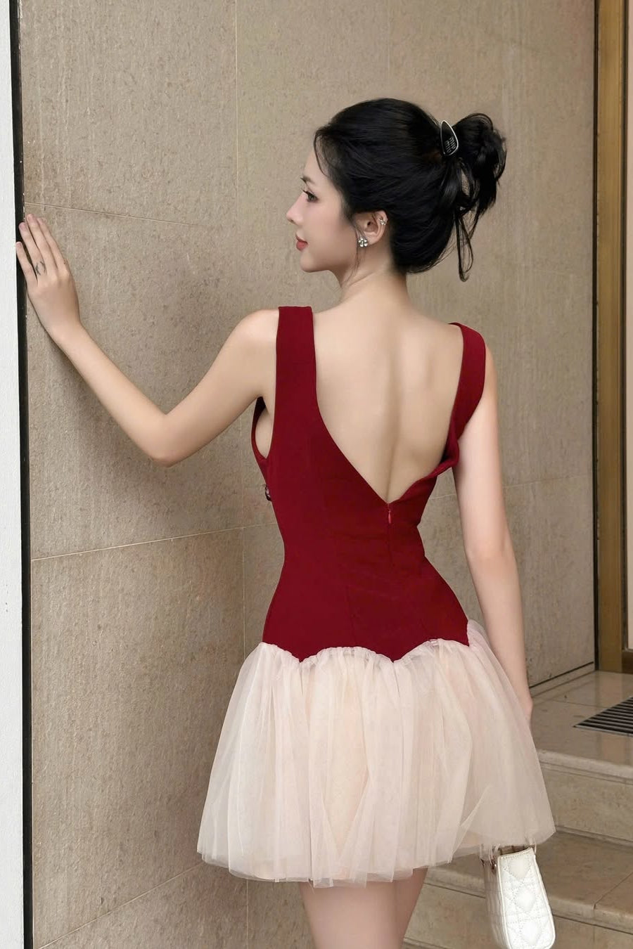 beryl 3D flower patchwork tulle mini dress in red