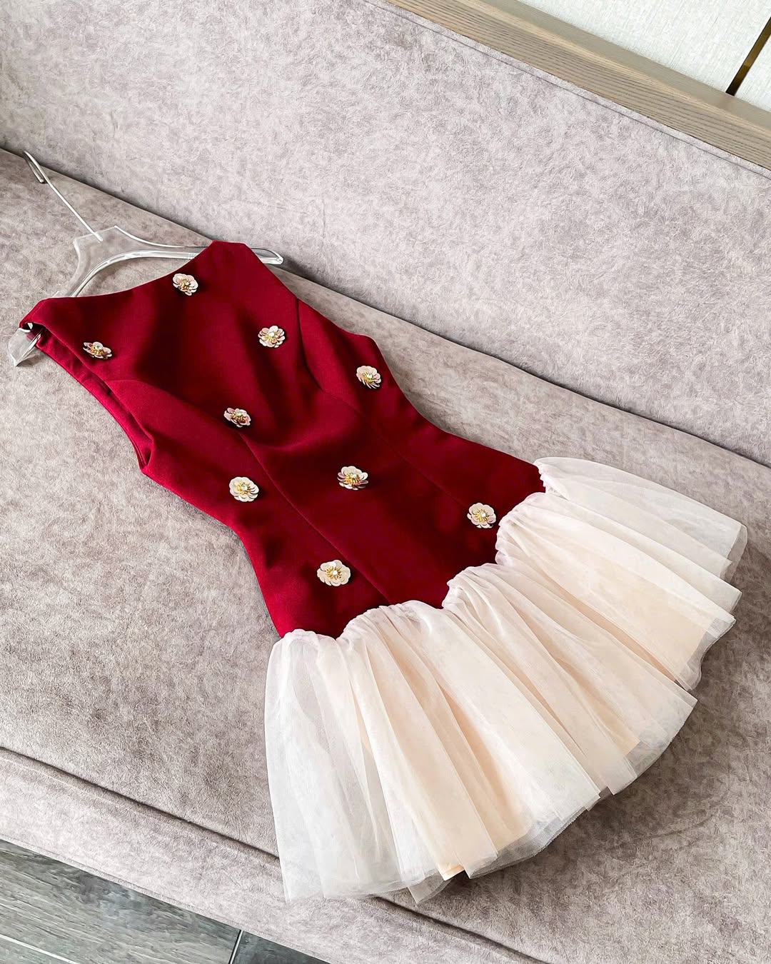 beryl 3D flower patchwork tulle mini dress in red