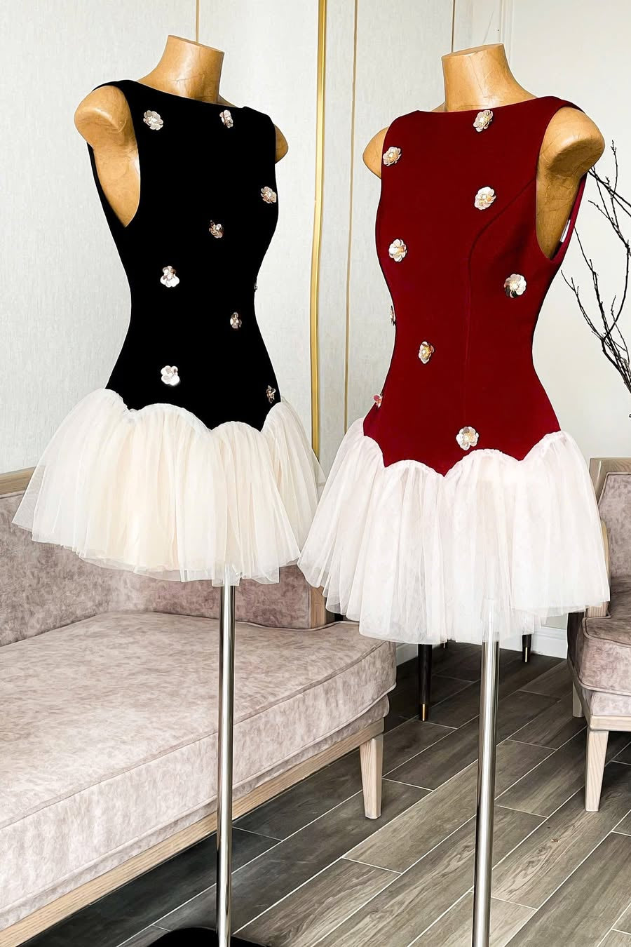 beryl 3D flower patchwork tulle mini dress in red