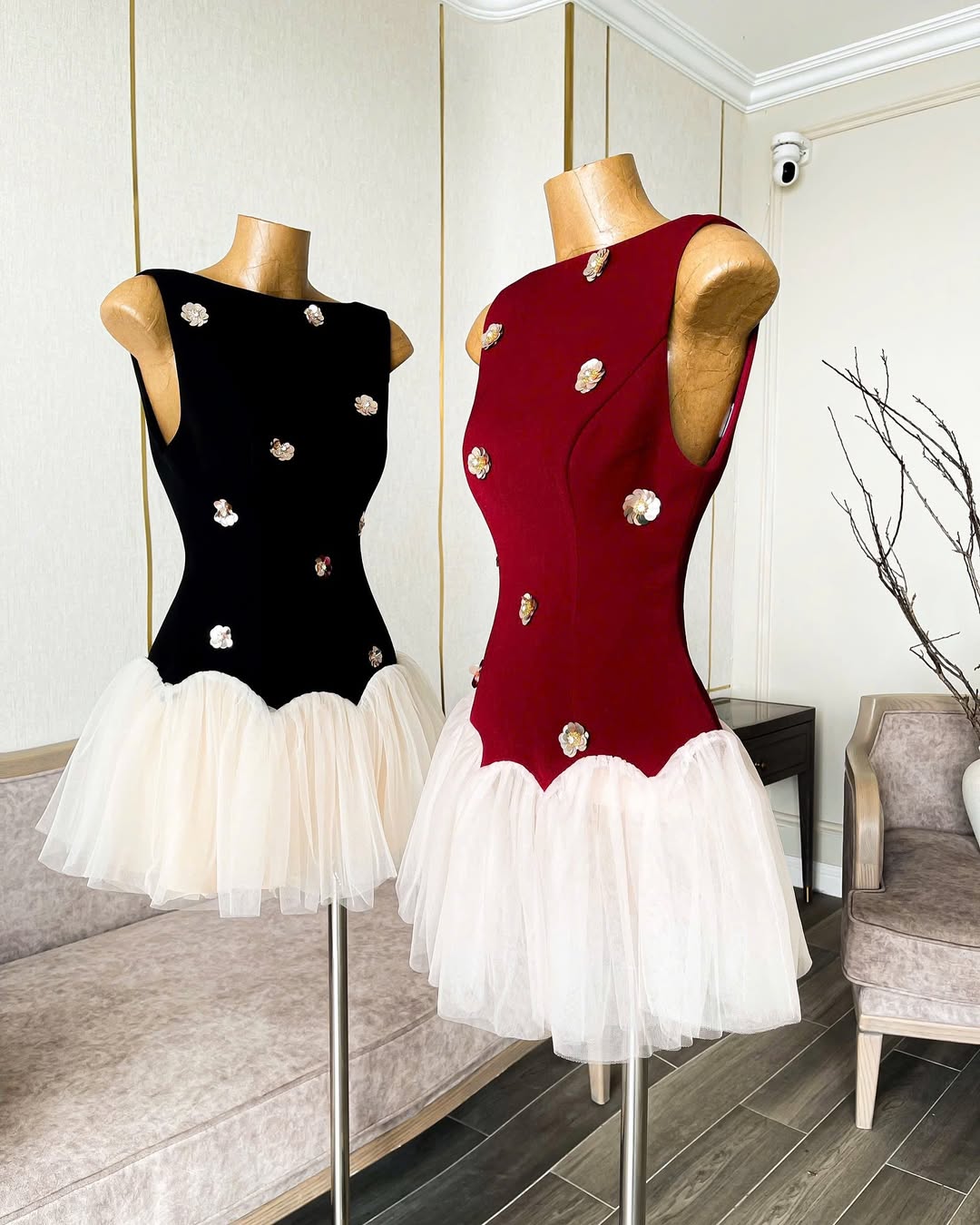 beryl 3D flower patchwork tulle mini dress in red