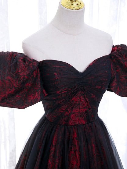 A-Line Tulle Lace Black/burgundy Prom Dress