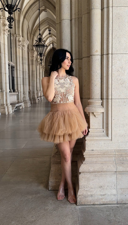 Ballerina |  Beige Tulle Mini Dress with 3D Applique