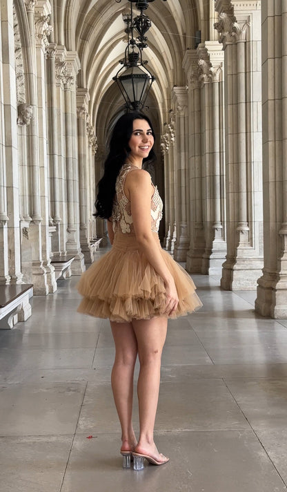 Ballerina |  Beige Tulle Mini Dress with 3D Applique