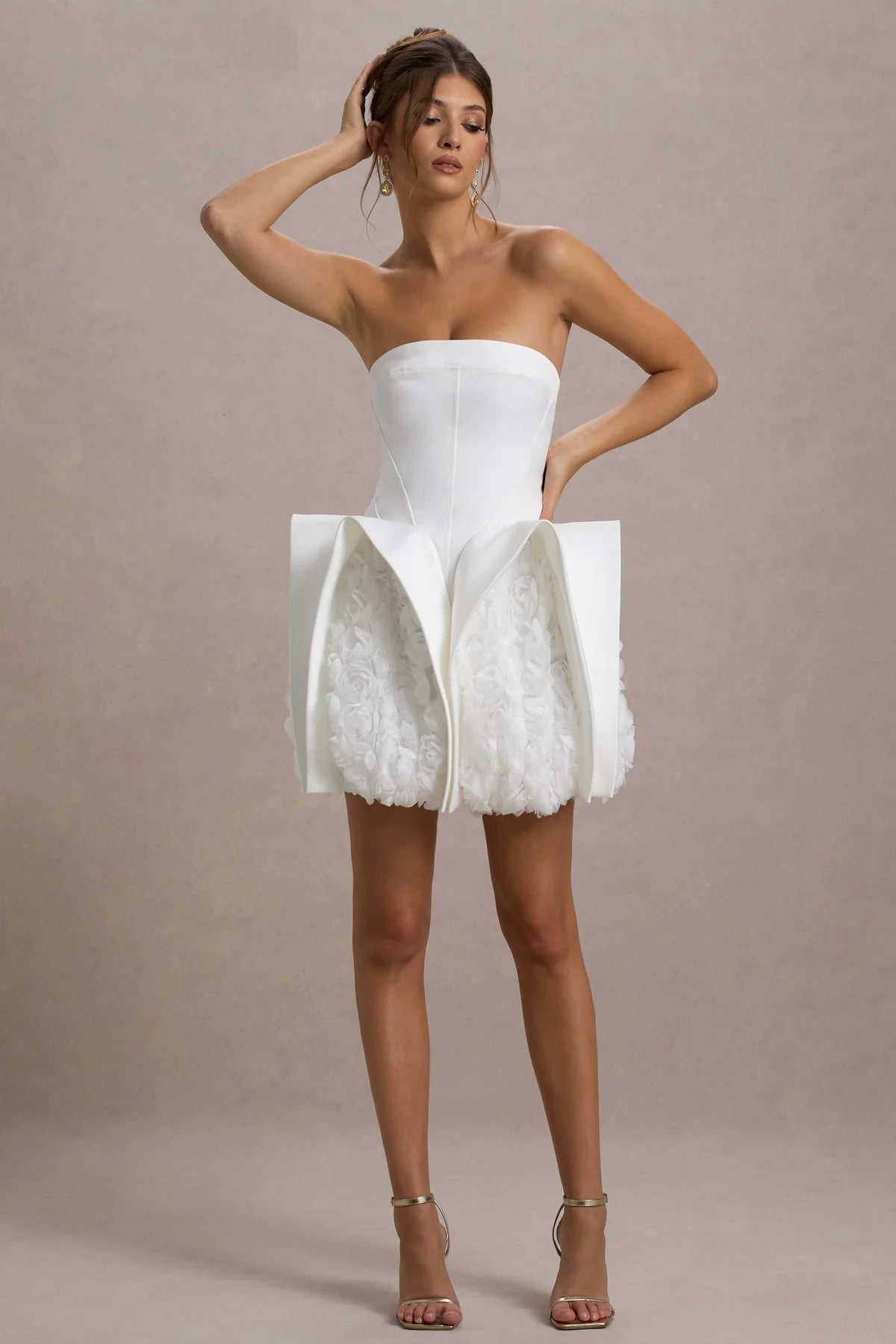 White Bandeau Mini Dress With Puff Floral Hem