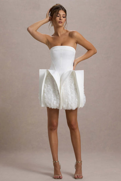 White Bandeau Mini Dress With Puff Floral Hem