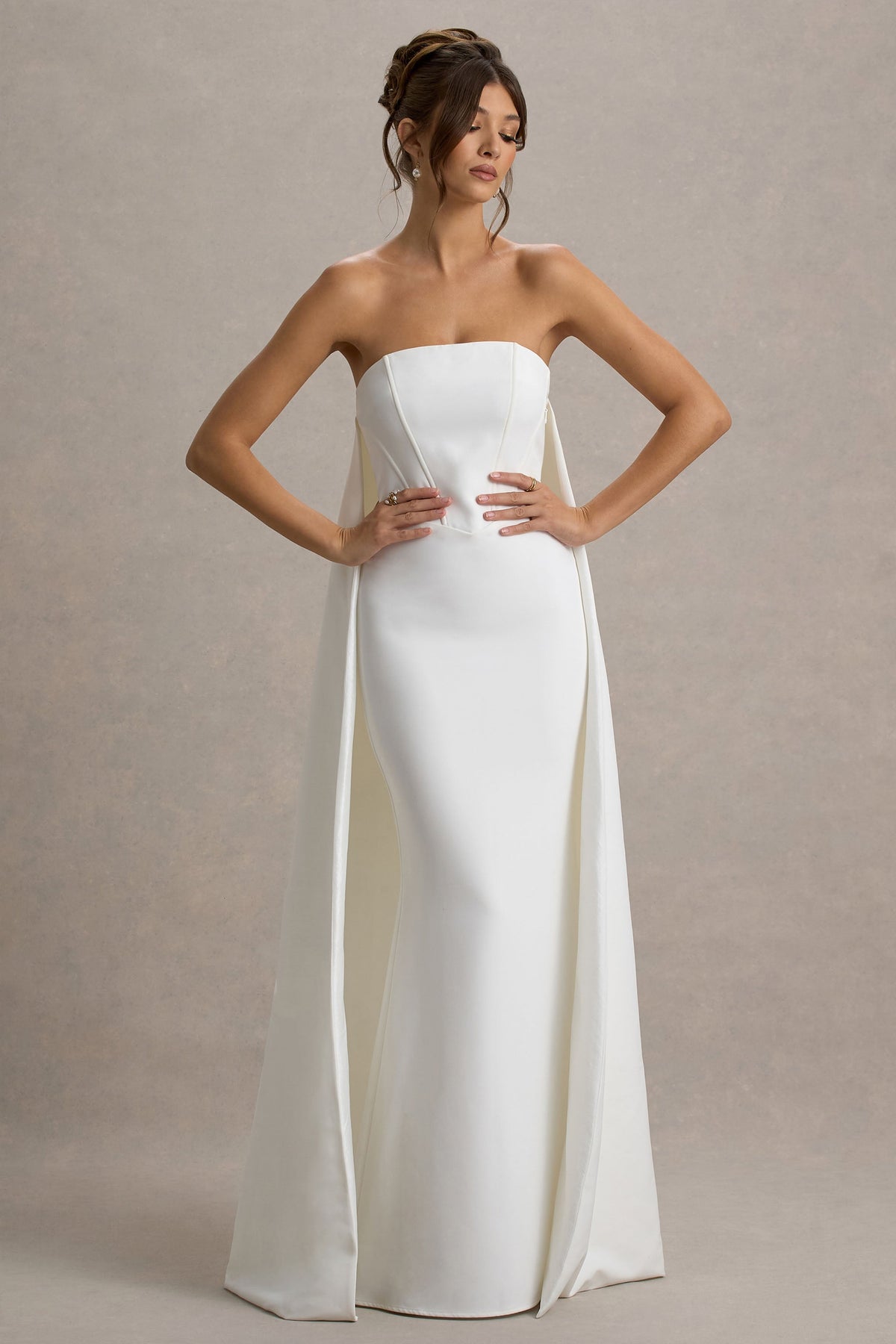 She's Trouble | White Bandeau Maxi Dress With Cape