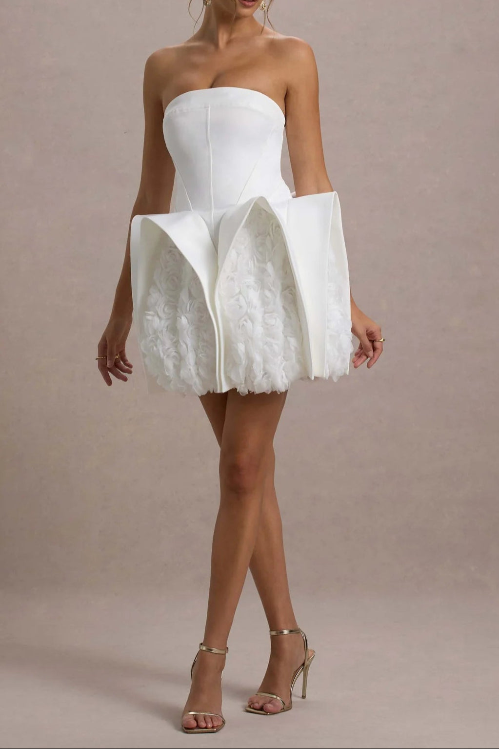White Bandeau Mini Dress With Puff Floral Hem
