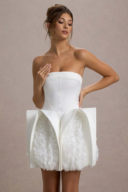 White Bandeau Mini Dress With Puff Floral Hem