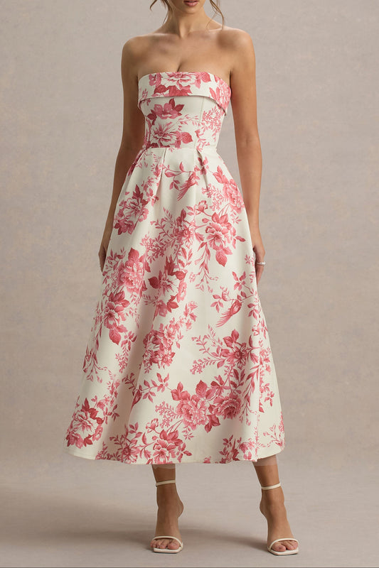 Cream & Pink Floral Strapless Midi Dress