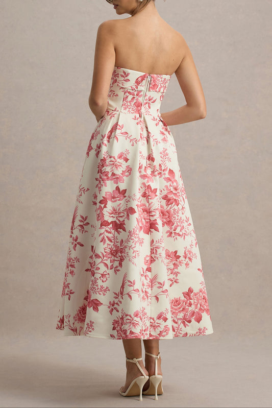 Cream & Pink Floral Strapless Midi Dress