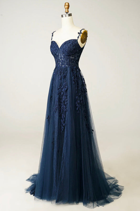 Navy Blue Tulle Lace Spaghetti Straps Dress