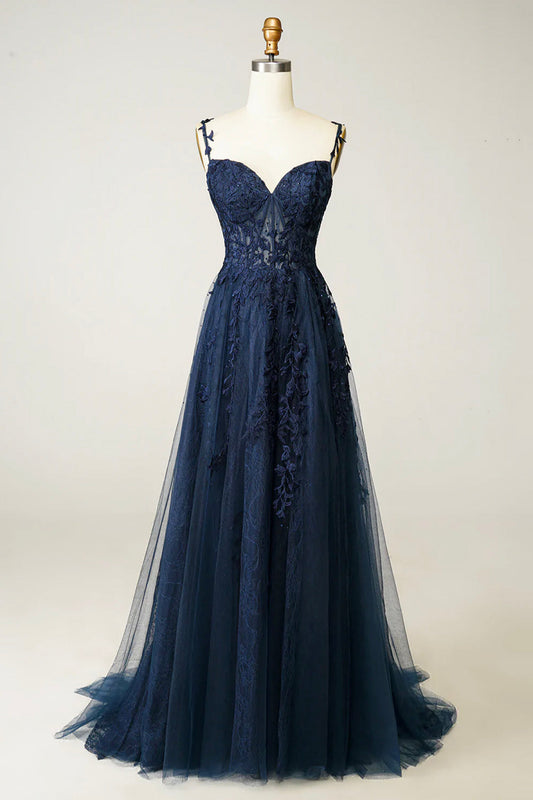 Navy Blue Tulle Lace Spaghetti Straps Dress