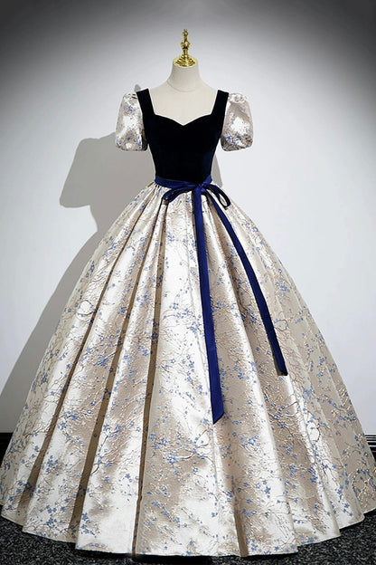 Blue Velvet Floor-Length Printing Prom Dresses