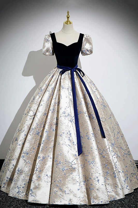 Blue Velvet Floor-Length Printing Prom Dresses
