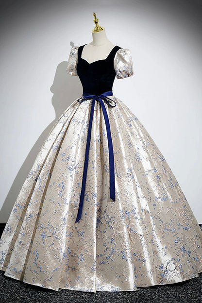 Blue Velvet Floor-Length Printing Prom Dresses