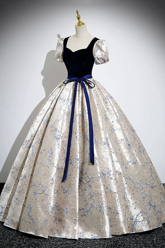 Blue Velvet Floor-Length Printing Prom Dresses